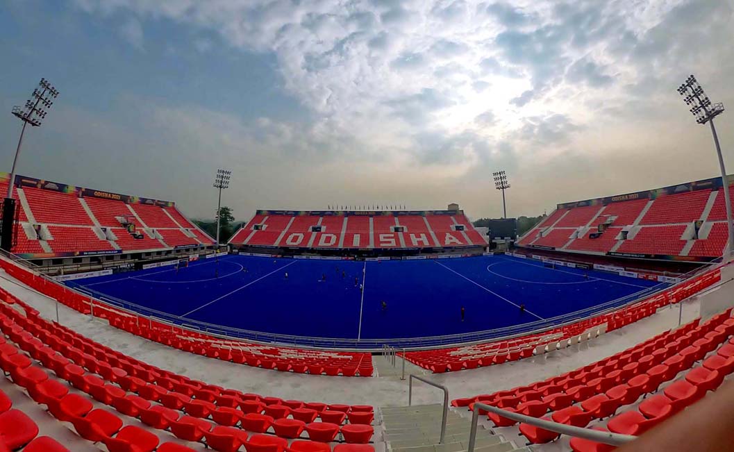 A wide-angle view of the Kalinga Hockey Stadium, Bhubaneswar during the Junior Men Hockey World Cup on 1 December 2021.
