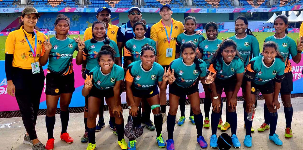 Players, officials and support staff of Odisha Women Rugby Sevens Team that won the gold medal at the 36th National Games in Ahmedabad, Gujarat on 30 September 2022.