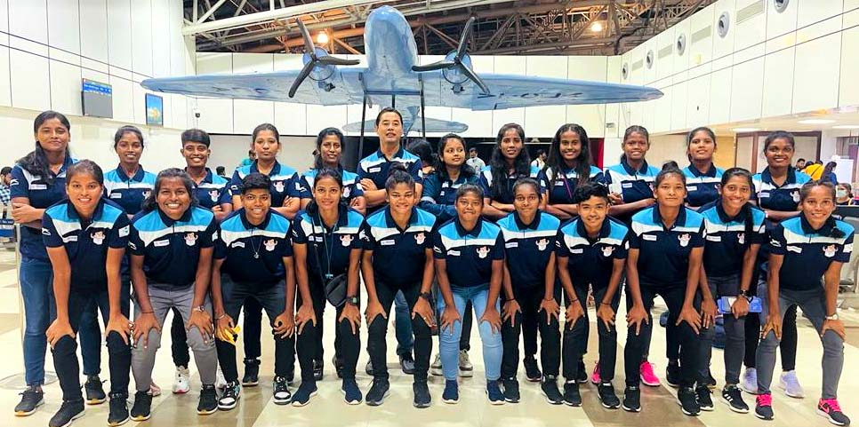 Members of the Odisha Women Football Team that bagged the Silver medal in the 36th National Games at TransStadia in Ahmedabad, Gujarat on 10 October 2022.