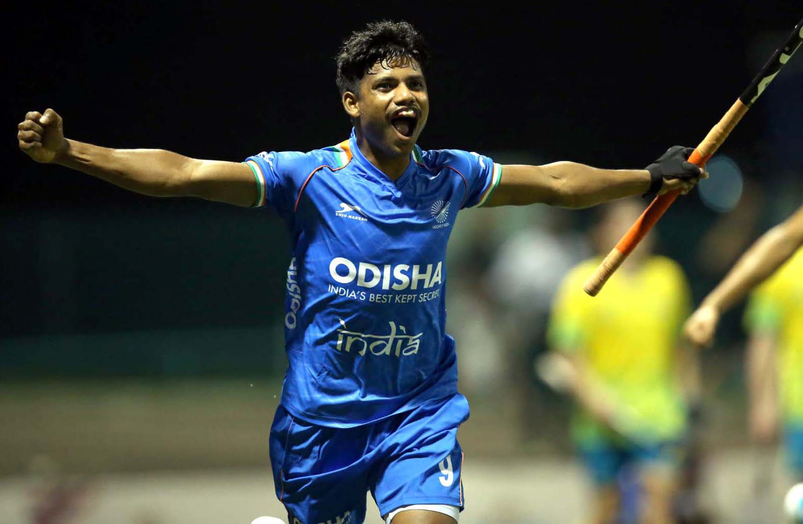 Odisha junior international Sudeep Chirmako celebrates after scoring a goal in final match of the 10th Sultan of Johor Cup Tournament against Australia in Johor Bahru, Malaysia on 29 October 2022.