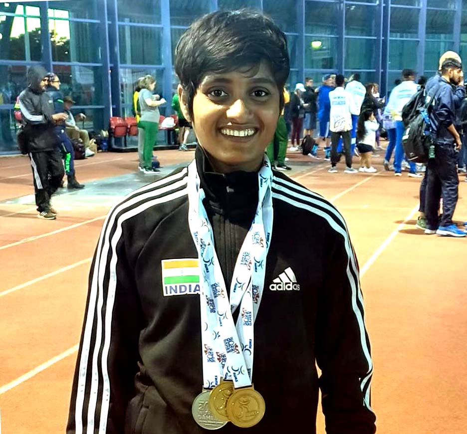 Odisha woman para athletics international Jayanti Behera poses with her two gold and one silver medals at the IWAS World Games in Portugal on 29 November 2022.