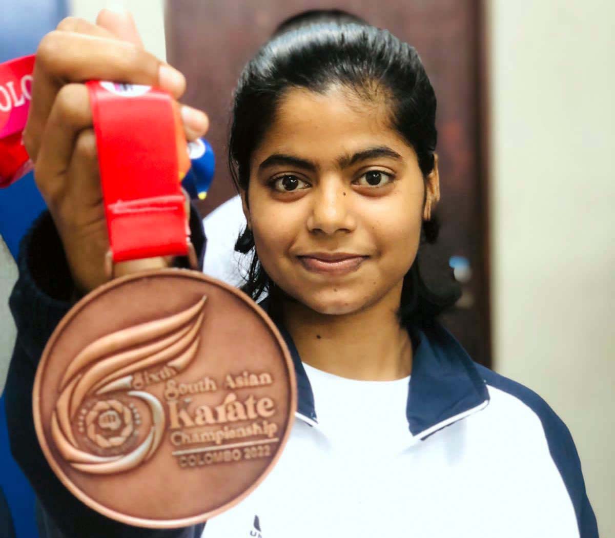 Odisha woman karateka Bratati Biswaprava Pati poses with her Bronze medal at the South Asian Karate Championship in Colombo, Sri Lanka on 27 November 2022.