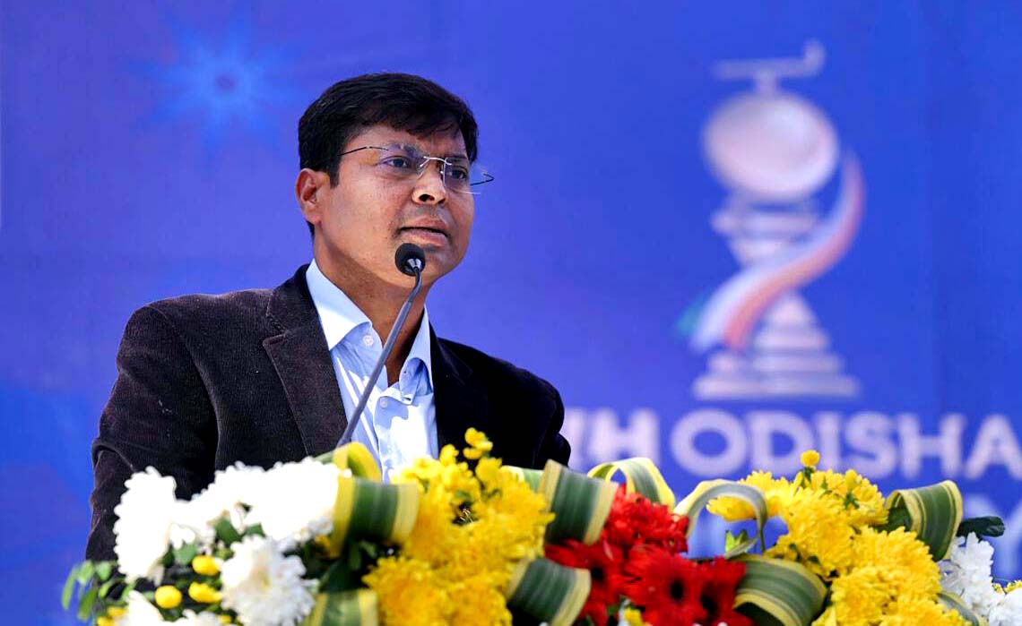 Hockey India President Dilip Tirkey speaks during a function in Odisha on 6 December 2022.