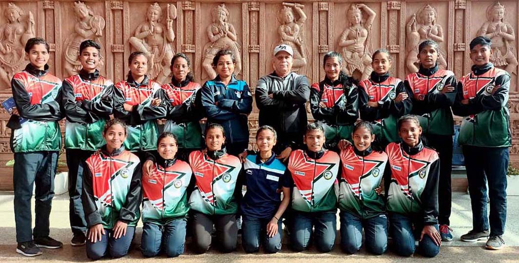 Members of Odisha team pose after emerging champions in the Khelo India Women National Kho Kho League for Juniors in Ranchi on 19 January 2023.