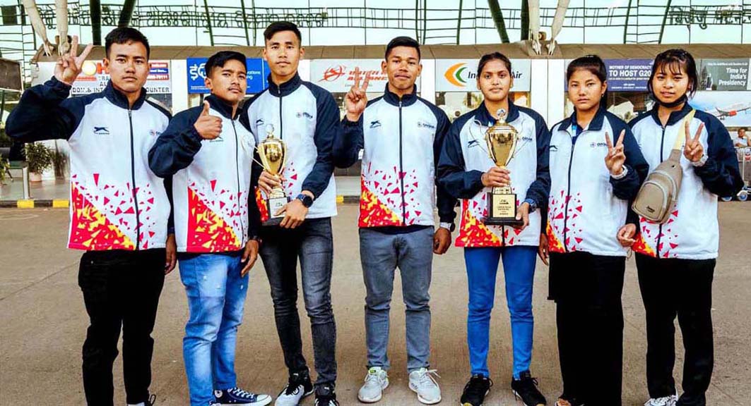 Odisha kayaking & canoeing athletes pose in Bhubaneswar airport on their return home on 4 February 2023 after bagging 11 medals at the 4th Khelo India Youth Games in Bhopal, Madhya Pradesh.