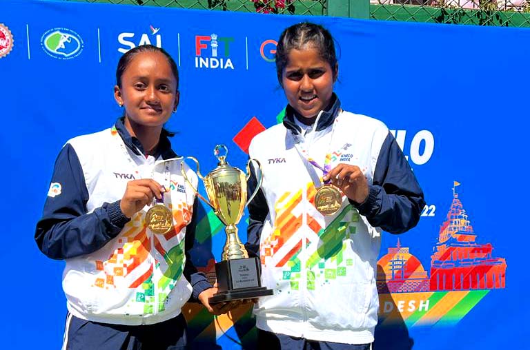 Odisha tennis players Sohini Mohanty (Right) and Aradhyaa Verma pose with their girls doubles gold medal and trophy at the Khelo India Youth Games in Indore on 10 February 2023.