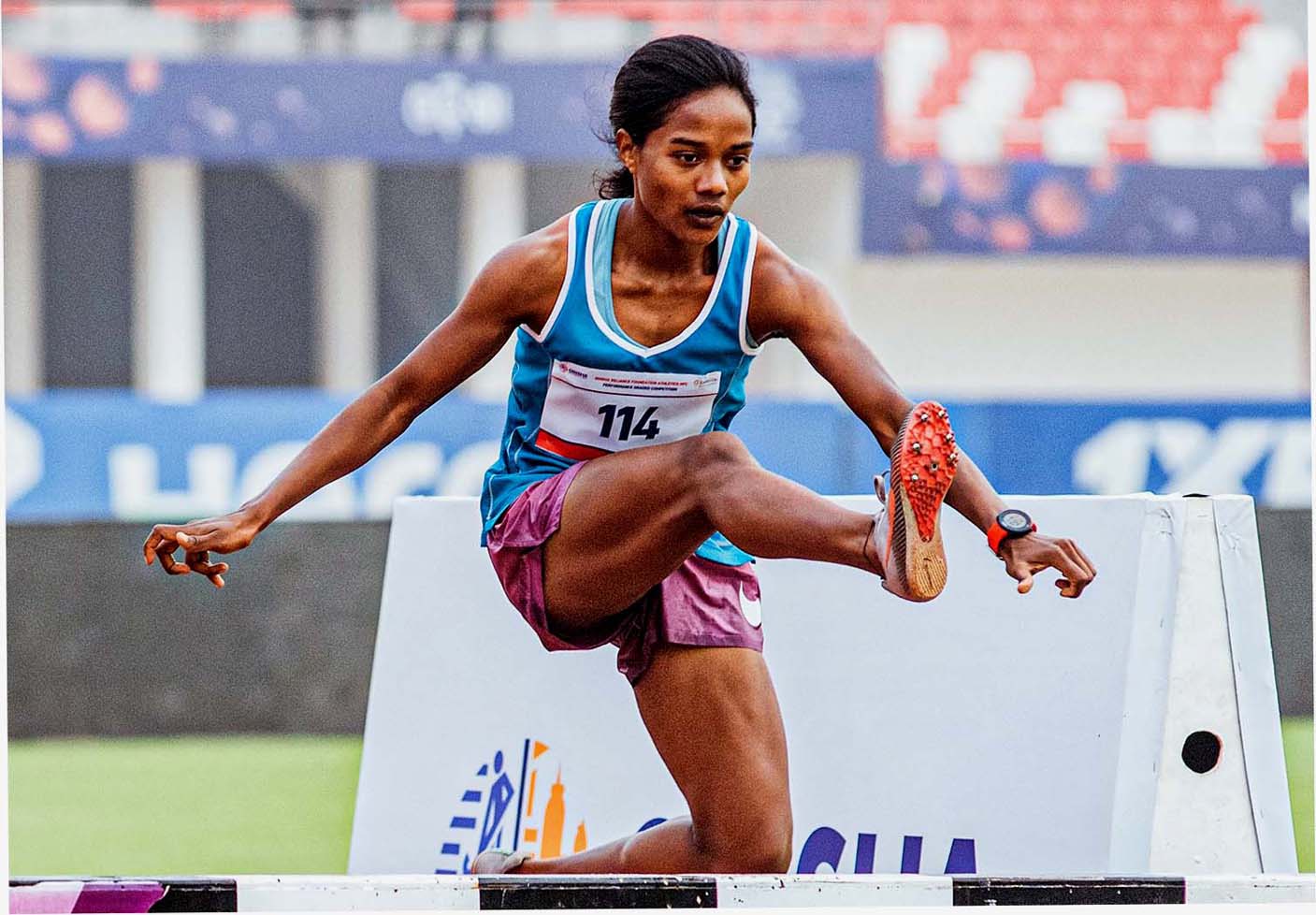 Odsha woman athlete Susmita Tigga in action at Kalinga Stadium, Bhubaneswar on 28 February 2023.