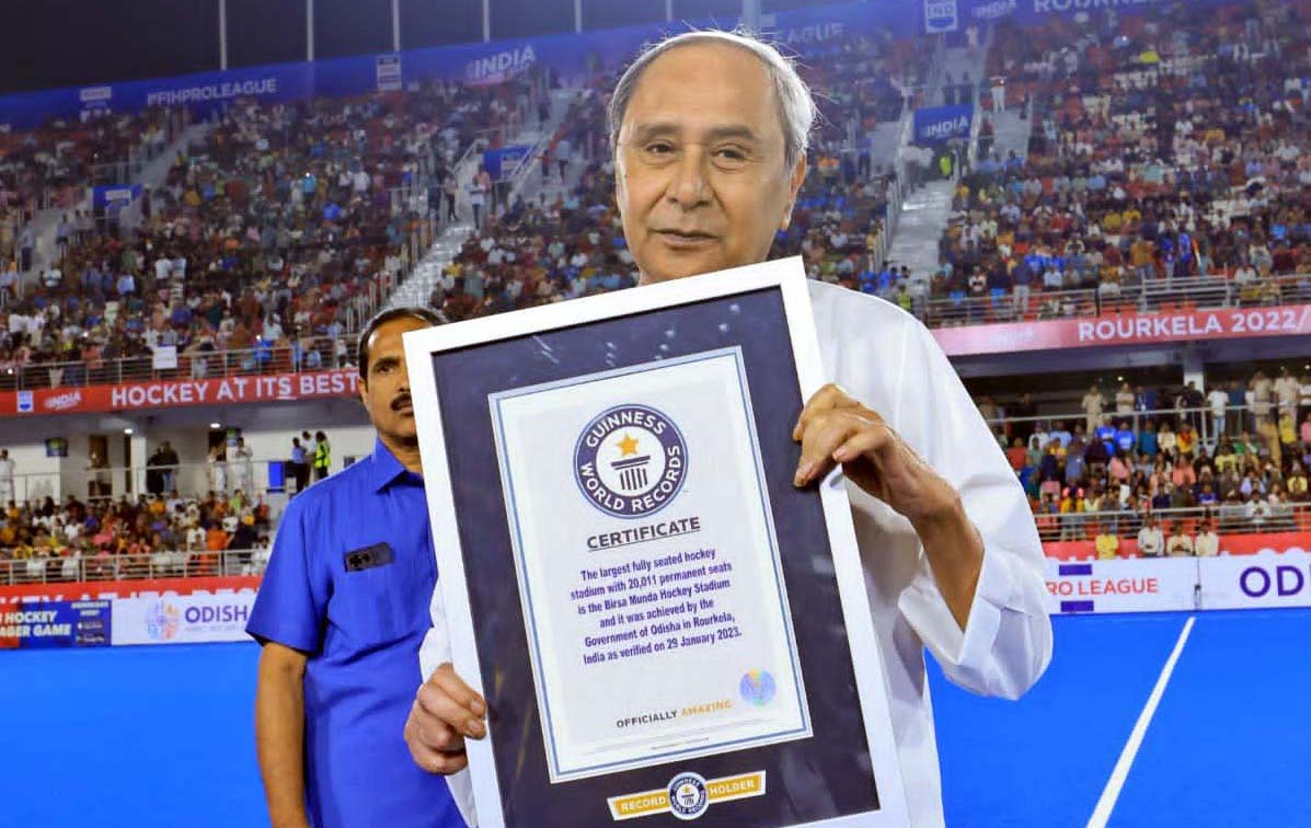 Odisha Chief Minister Naveen Patnaik poses with the Guinness World Record certificate for Birsa Munda Hockey Stadium as the largest fully seated hockey stadium of the world on 10 March 2023.