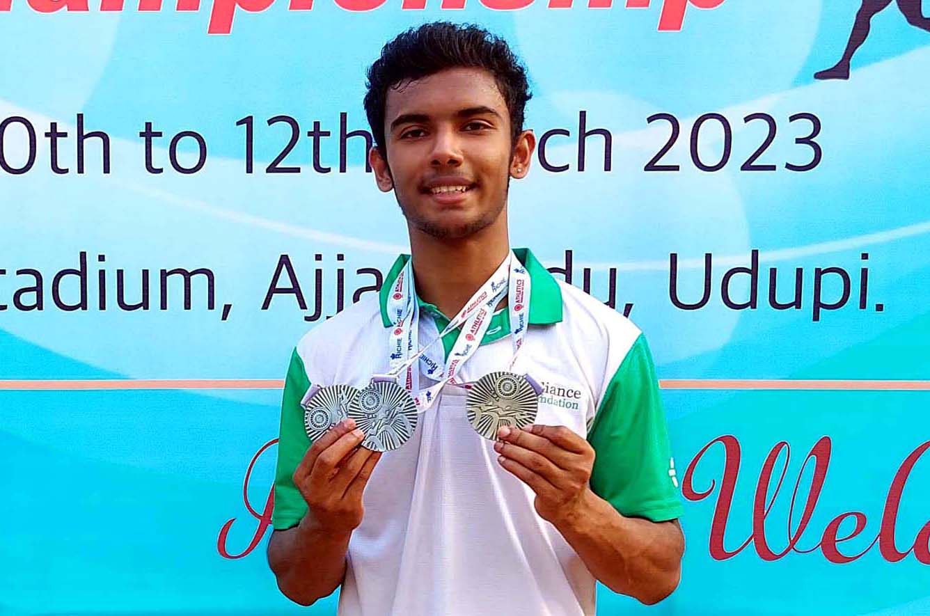 Odisha sprinter Mohammad Aryan Basha poses with his one gold and two silver medals at the 18th National Youth Athletics (U-18) Championship in Uduppi, Karnataka on 12 March 2023.