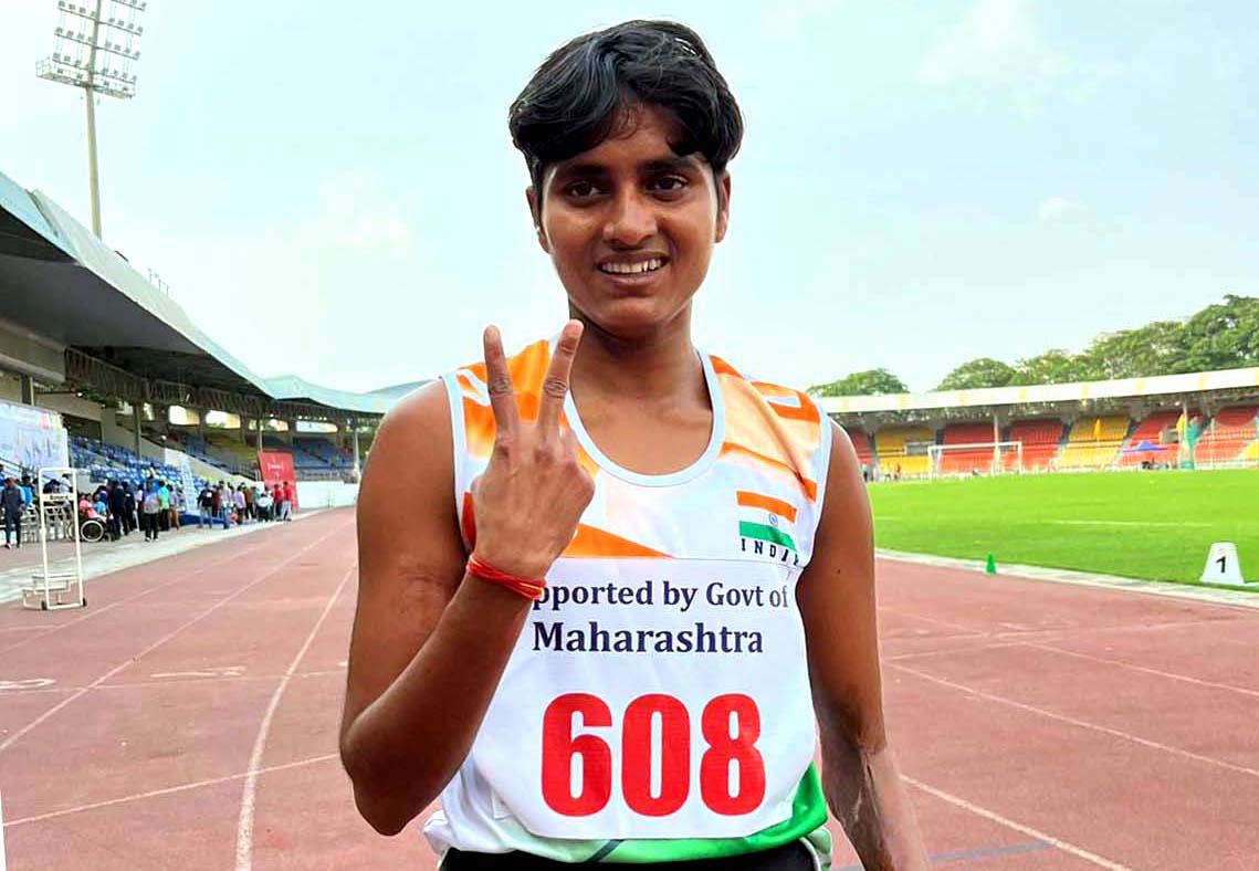 Odisha athletics international Jayanti Behera celebrates after winning the 400m gold medal at the 21st National Para Athletics Championship in Pune on 18 March 2023.