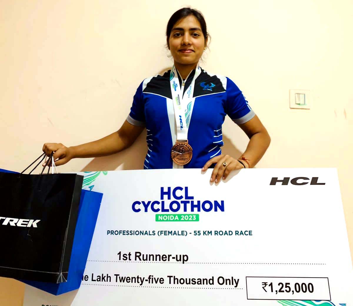 Odisha cycling international Swasti Singh poses with her 1st runner-up prize at the 1st HCL Cyclothon 2023 in Noida, Uttar Pradesh on 19 March 2023.