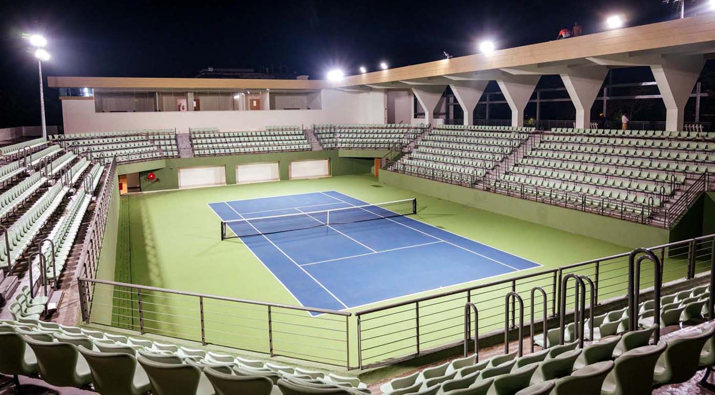 A view of the Centre Court of the Kalinga Stadium Tennis Complex, which was inaugurated by Odisha Chief Minister Naveen Patnaik in Bhubaneswar on 29 March 2023.
