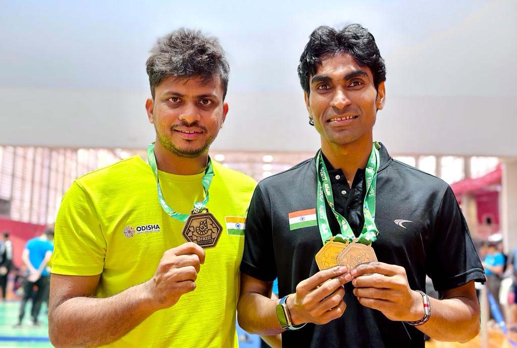 Odisha shuttlers G Dillaswar Rao (Left) and Pramod Bhagat with their medals at the Brazil Para Badminton International in Sao Paulo on 16 April 2023.