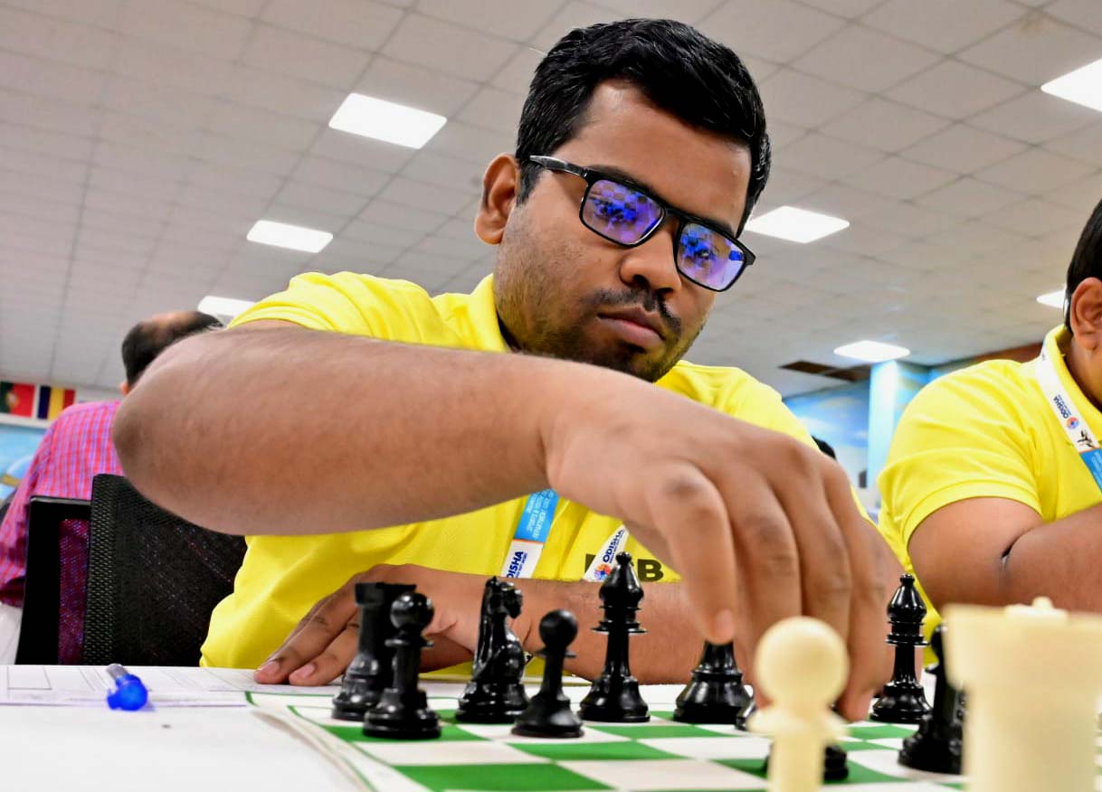 Odisha Postal player Utkal Ranjan Sahoo in action at the All India Civil Services Chess Tournament 2023 in Bhubaneswar.