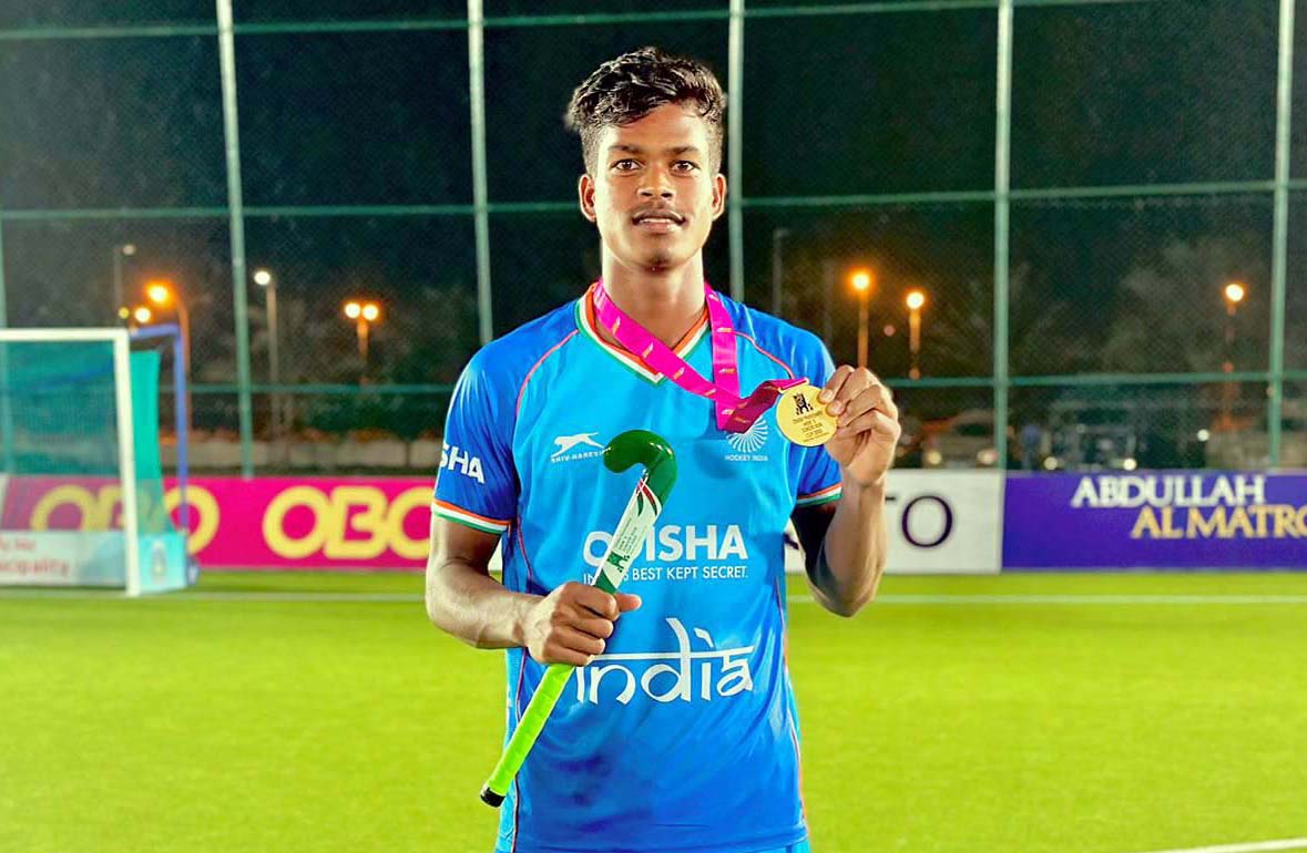 Odisha international Sunit Lakra poses with his Mens Hockey Junior Asia Cup gold medal in Salalah, Oman on 1 June 2023.