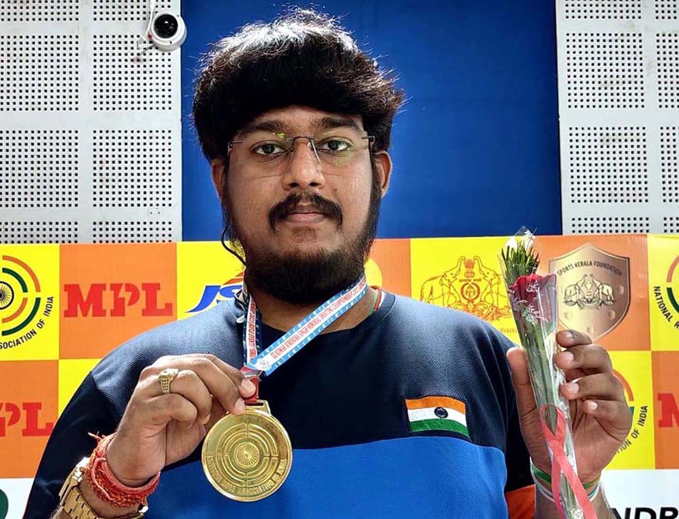 Odisha deaf shooter Mohit Kumar Paswan poses with his gold medal at the 21st Kumar Surendra Singh Memorial Shooting Championship in Thiruvananthapuram, Kerala on 17 June 2023.