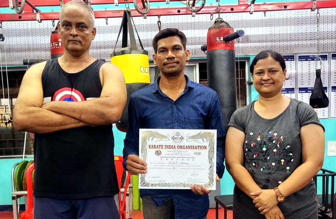 Odisha karate international Santosh Kumar Moharana (Centre) receives Karate India Organisation 5th Dan Black Belt on 26 July 2023.