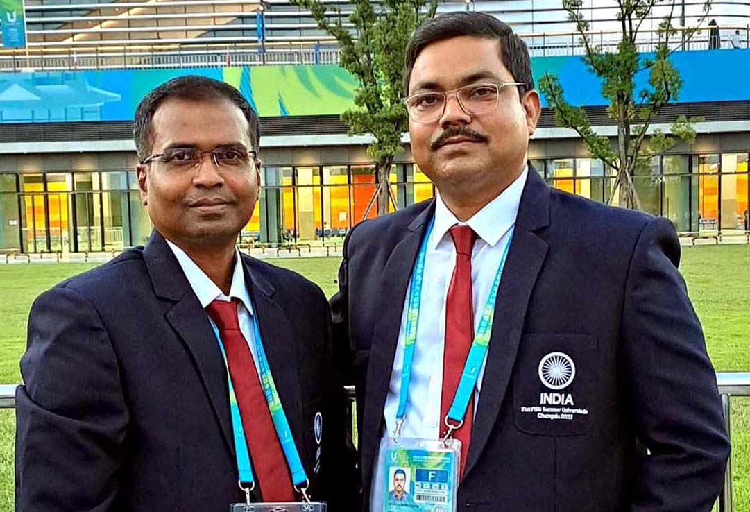 Odisha State Sports Department Joint-Secretaries Kailash Chandra Das (Left) and Sailendra Kumar Jena in Chengdu, China as administrative officials of the Indian contingent at the World University Games 2023.