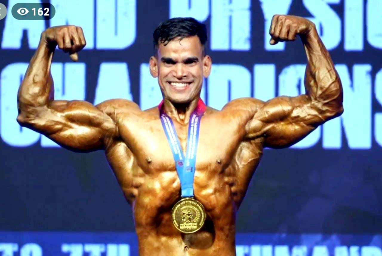 Odisha bodybuilder Amit Bhuyan poses on his way to gold medal at the 55th Asian championship in Kathmandu, Nepal on 7 September 2023.