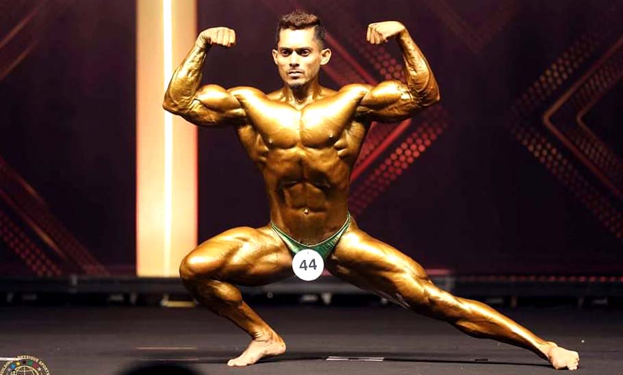 Odisha bodybuilder Narayan Barik poses at the 14th WBPF World Bodybuilding Championships in Wonju City, South Korea on 10 November 2023.