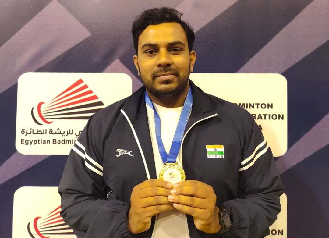 Odisha shuttler Subhrajeet Maharana with his mens double gold medal at the Egypt Para Badminton International in Cairo on 28 January 2024.
