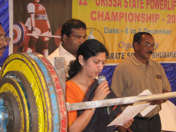 Mission Shakti Director Usha Padhi declares the 22nd State Powerlifting Championship open at the Utkal Karate School campus in Bhubaneswar on December 6, 2008.