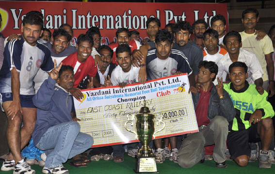 East Coast Railway team celebrates after winning the Satyabrata Memorial Football Trophy in Bhubaneswar on Dec 7, 2008.