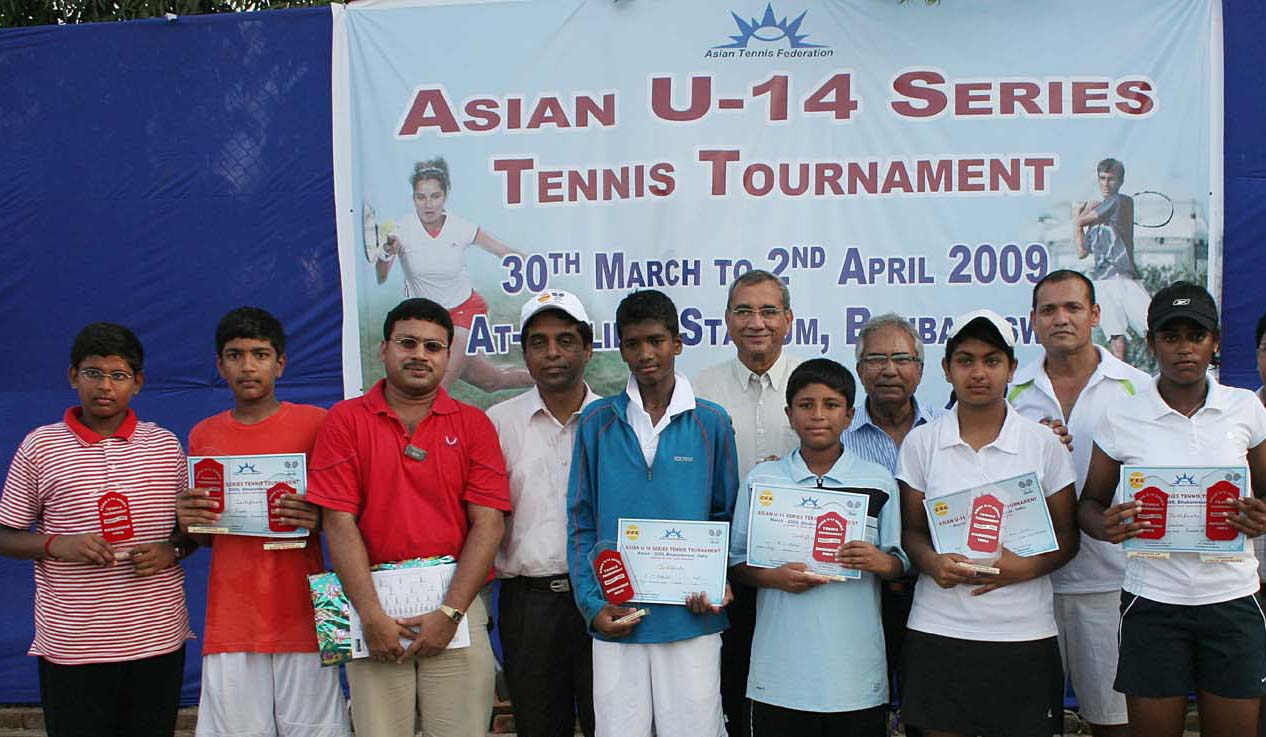 Title winners, losing finalists and guests at the Asian u-14 tennis tournament in Bhubaneswar on April 2, 2009.