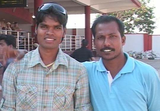 Hockey star <b>Prabodh Tirkey</b> with television sports reporter <b>Niranjan Reddy </b>at the airport in Bhubaneswar on April 14, 2009.