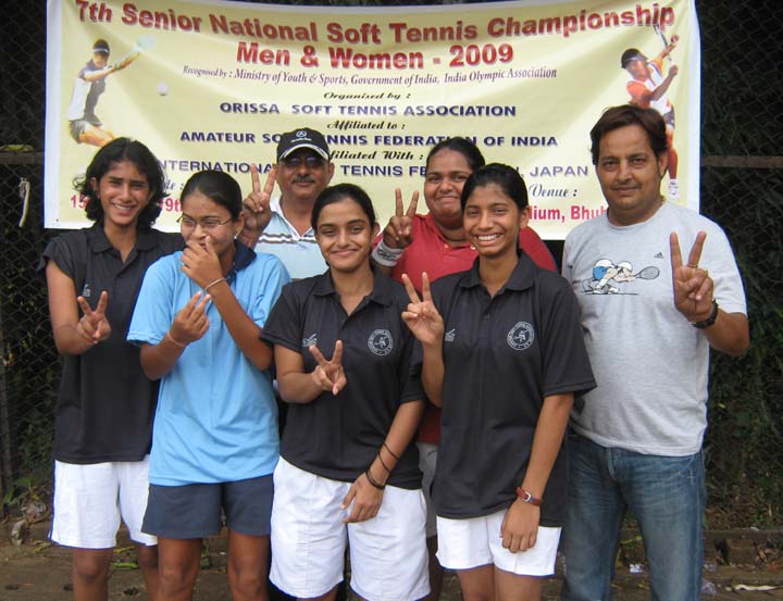 Members of Uttar Pradesh women`s team after winning the team title at the 7th Senior National Soft Tennis Championship in Bhubaneswar on <b>Nov 16, 2009.